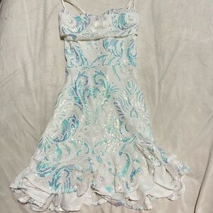 White Iridescent Sequin Sundress with Aqua Swirl Accents